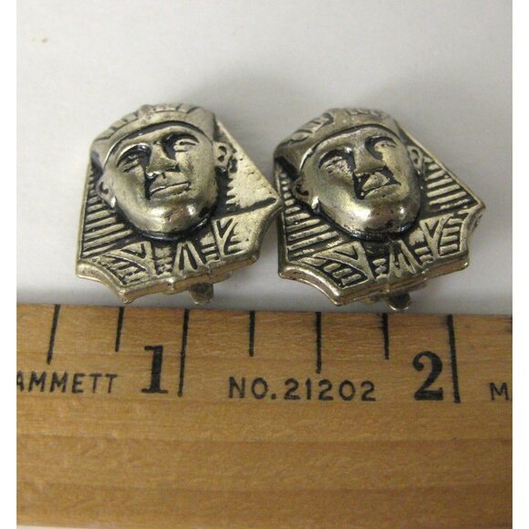 Egyptian Pharaoh Earrings CLIP ON Silvetone Vintage 1950 Estate Noveda - Picture 3 of 6